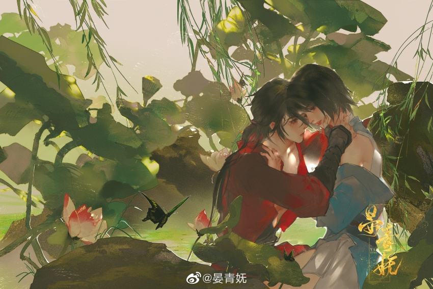 1boy, 1girl, absurdres, bare_legs, black_hair, blue_dress, bug, butterfly