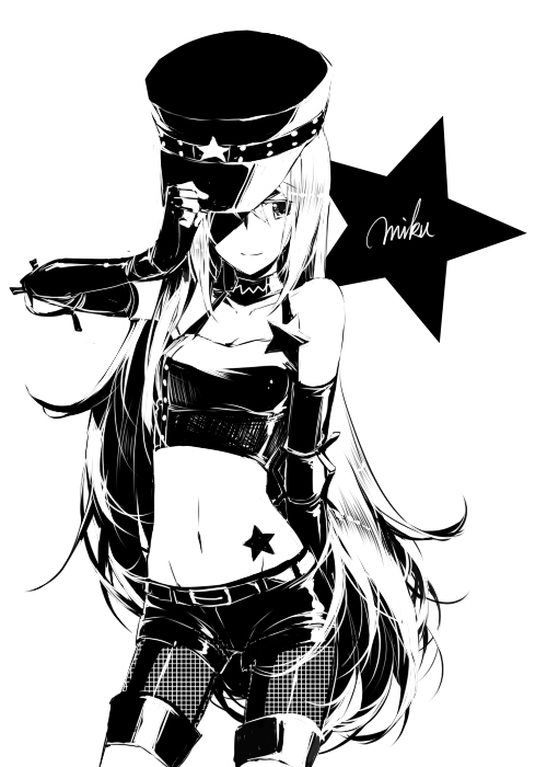 1girl, cowboy_shot, elbow_gloves, fingerless_gloves, gloves, greyscale, hand_on_headwear, hat
