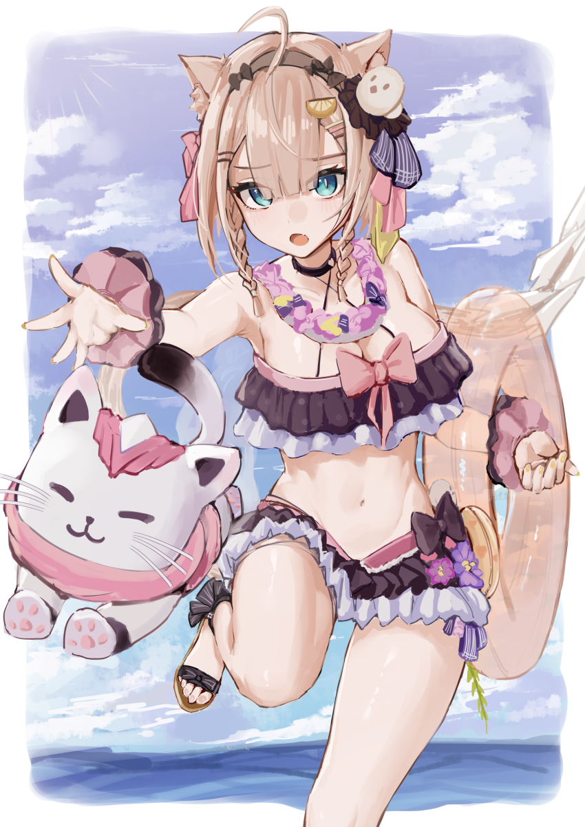 1girl, :o, absurdres, ahoge, animal_ears, bikini, black_bikini, blue_eyes