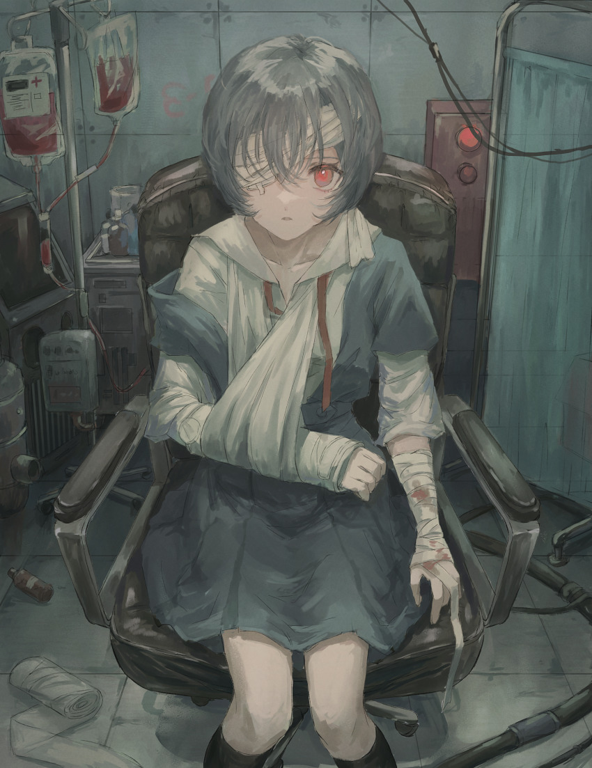 1girl, ayanami_rei, bandage_over_one_eye, bandaged_arm, bandages, black_socks, blood, blood_bag