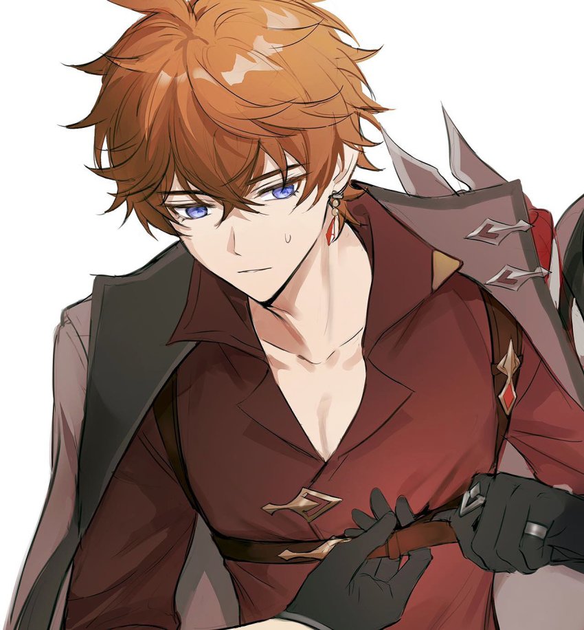 1boy, black_gloves, blue_eyes, brown_hair, collarbone, commentary_request, earrings, genshin_impact