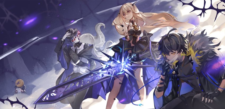 1girl, 3boys, ?, ahoge, alchemy_stars, areia_(alchemy_stars), bandaged_neck, bandages, bare_shoulders, black_coat, black_gloves, black_hair, black_headwear, black_pants, breasts, brown_eyes, brown_hair, closed_mouth, coat, collared_shirt, fingerless_gloves, floating_hair, fur-trimmed_coat, fur_trim, glasses, gloves, gradient_hair, hand_on_headwear, highres, hydrad_(alchemy_stars), jyisheng, kleken_(alchemy_stars), light_brown_hair, long_hair, long_sleeves, looking_afar, mask, mask_pull, mouth_mask, multicolored_hair, multiple_boys, pants, pince-nez, sash, shirt, short_hair, shorts, shoulder_sash, small_breasts, smile, smoke, spikes, squatting, standing, taki_(alchemy_stars), tentacles, two-tone_hair, walking, white_shirt, yellow_eyes