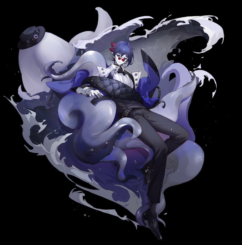 1boy, alchemy_stars, belt, black_background, black_bow, black_bowtie, black_hat, black_pants