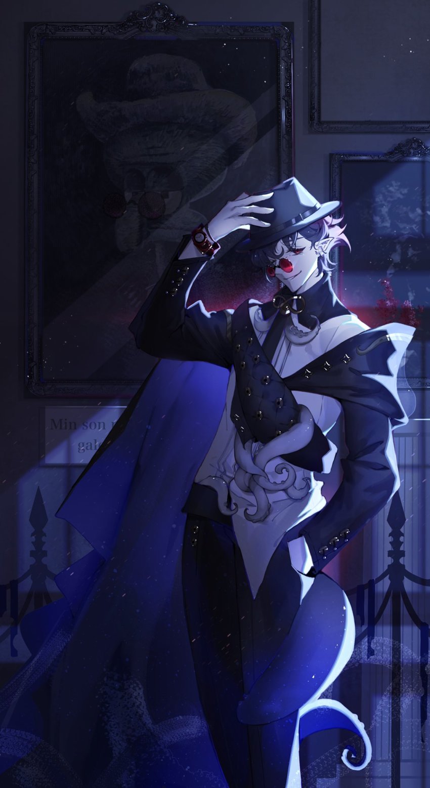 1boy, alchemy_stars, arm_up, black_hair, black_headwear, black_pantyhose, capelet, collared_shirt