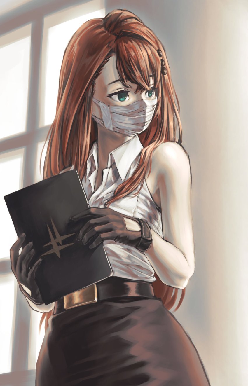 1girl, alchemy_stars, bare_shoulders, belt, black_gloves, black_skirt, brown_hair, clipboard