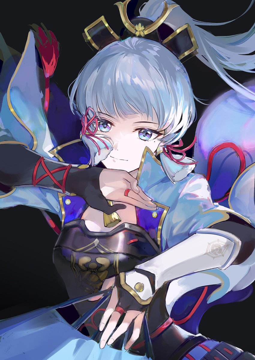 1girl, armor, ayaka_(genshin_impact), black_background, black_gloves, blue_eyes, blue_jacket, breastplate