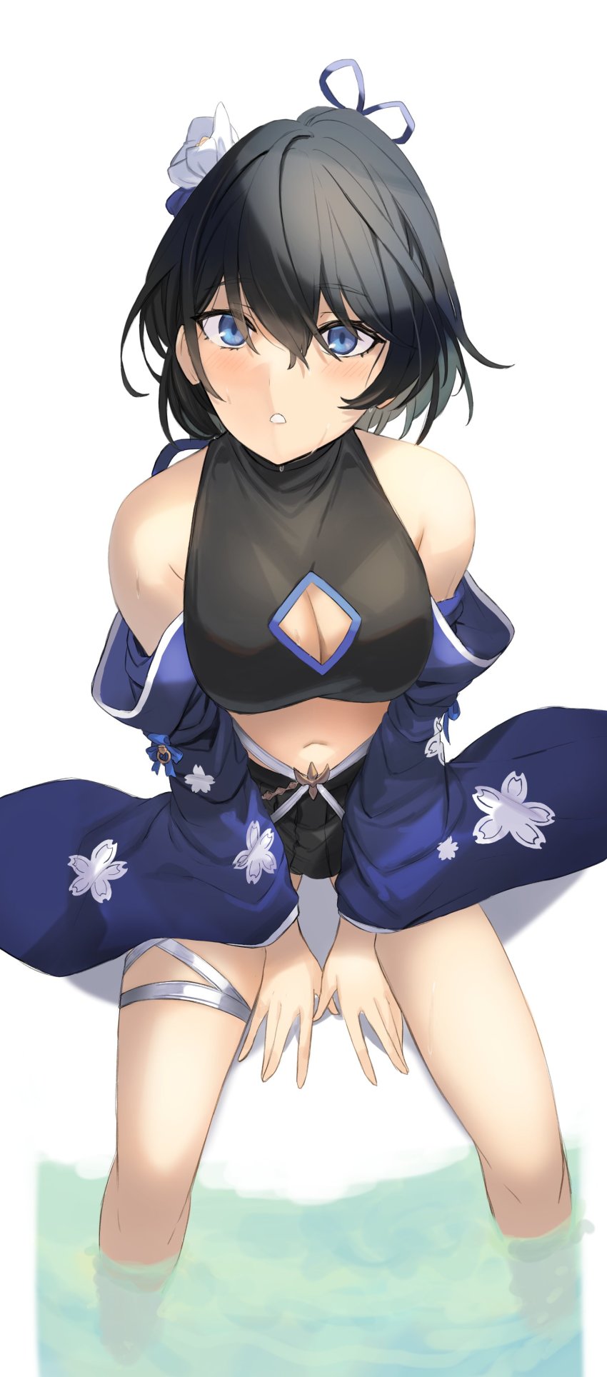 1girl, absurdres, bare_shoulders, black_hair, black_shirt, black_skirt, blue_eyes, blush