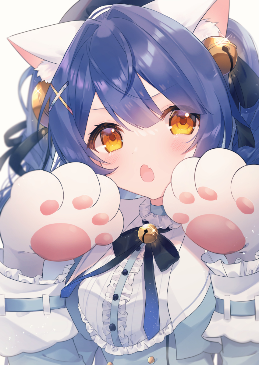1girl, :o, akuo_11, amamiya_kokoro, animal_ears, bell, beret, blue_hair