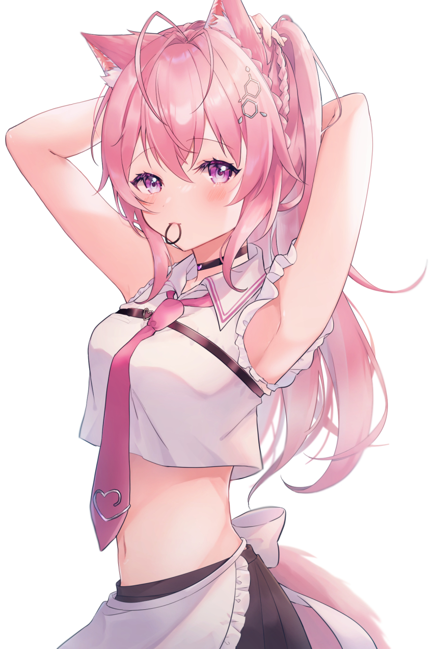 1girl, :3, adjusting_hair, akuo_11, animal_ears, antenna_hair, apron, armpits, arms_up, back_bow, blush, bow, braid, chest_belt, choker, collared_shirt, crop_top, fox_ears, fox_tail, frilled_sleeves, frills, hair_ornament, hair_tie_in_mouth, hakui_koyori, hakui_koyori_(1st_costume), highres, hololive, long_hair, midriff, mouth_hold, navel, necktie, pink_hair, ponytail, purple_eyes, shirt, sleeveless, sleeveless_shirt, tail, tie_clip, tying_hair, virtual_youtuber, waist_apron