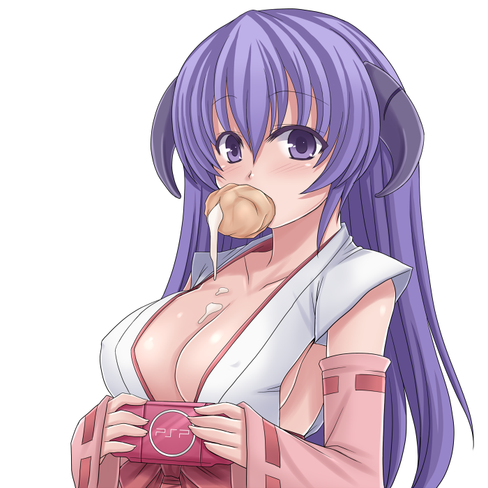 1girl, aged_up, alternate_breast_size_(larger), amane_hasuhito, bad_id, bad_pixiv_id, breasts, cleavage, cornet_(food), cream_puff, demon_girl, detached_sleeves, eating, female_focus, food, hakama, hakama_skirt, handheld_game_console, hanyuu, higurashi_no_naku_koro_ni, horns, japanese_clothes, large_breasts, miko, mouth_hold, pastry, playstation_portable, product_placement, purple_eyes, purple_hair, red_hakama, sexually_suggestive, sideboob, simple_background, skirt, solo, suggestive_fluid, white_background