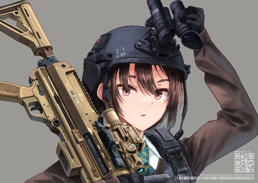 1girl, binoculars, black_gloves, black_headwear, blue_necktie, brown_hair, brown_sweater, collared_shirt