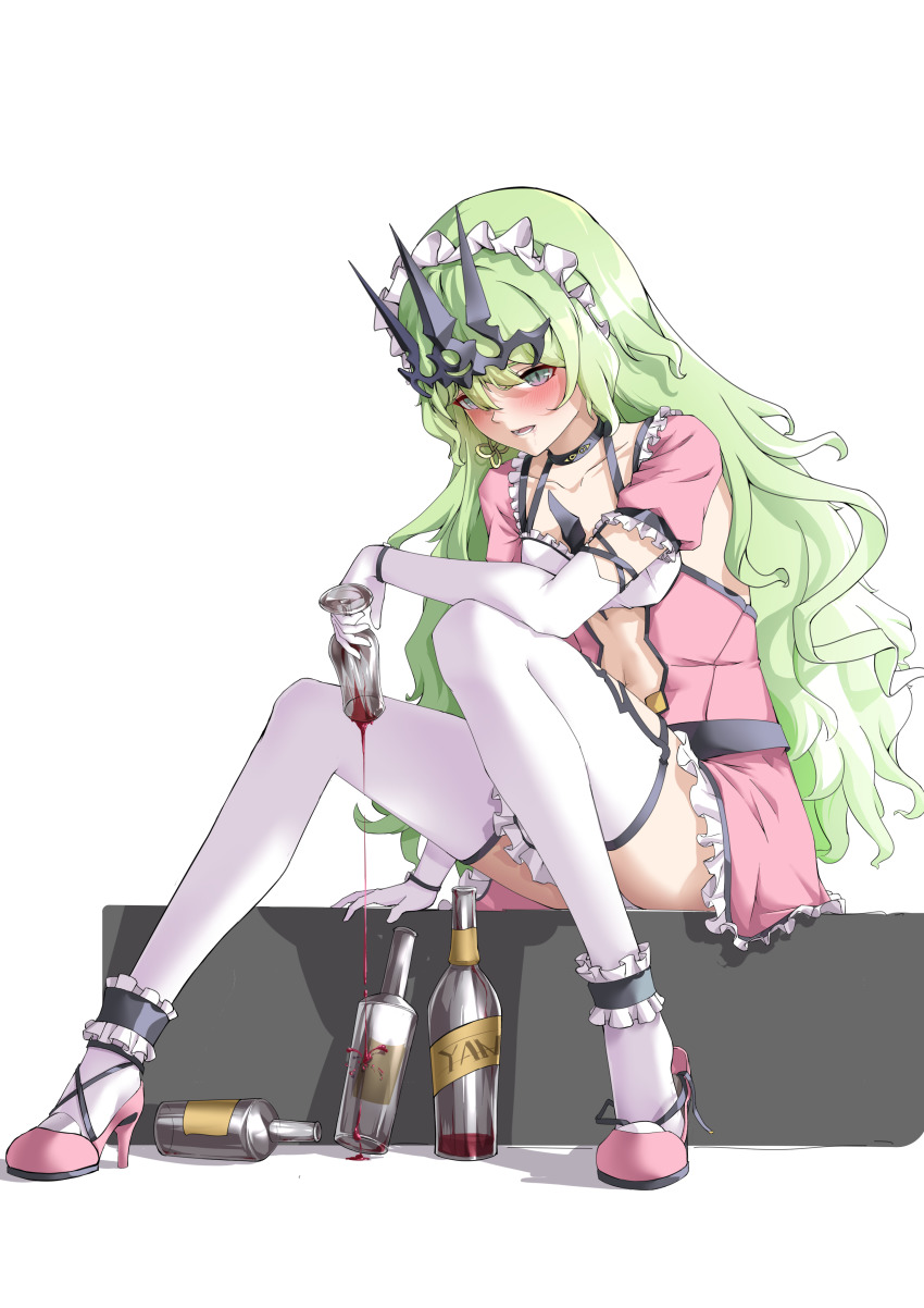 1girl, absurdres, black_choker, bottle, choker, collarbone, commentary_request, cup, dress, drinking_glass, elbow_gloves, frilled_dress, frills, gloves, high_heels, highres, holding, holding_cup, honkai_(series), honkai_impact_3rd, knees_up, maid_headdress, mobius_(honkai_impact), mobius_(mobius_dressing)_(honkai_impact), navel, panties, pink_dress, pink_shoes, pouring, puffy_short_sleeves, puffy_sleeves, shoes, short_sleeves, simple_background, solo, thighhighs, underwear, white_background, white_gloves, white_panties, white_thighhighs, wine_glass, yan000