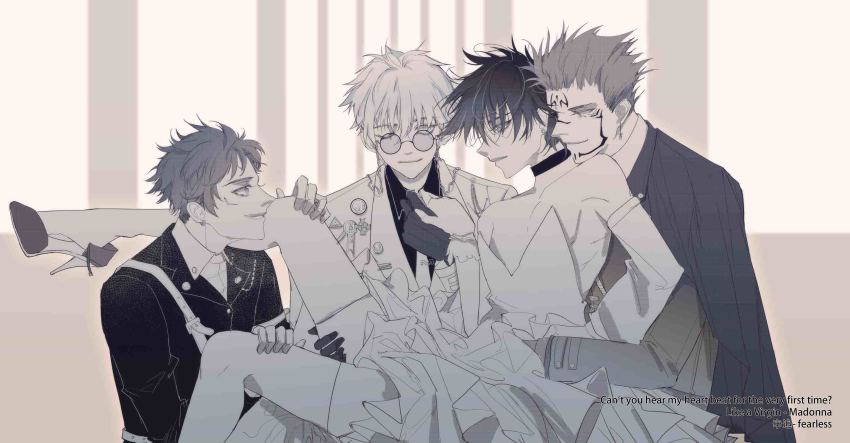 4boys, bare_shoulders, buttons, choker, coat, collared_shirt, crossdressing, crossdressing_(mtf)