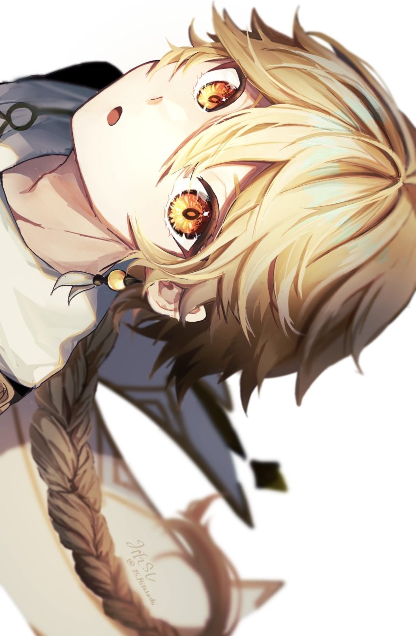 1boy, :o, aether_(genshin_impact), artist_name, blonde_hair, blurry, blush, braid, braided_ponytail, cape, commentary, depth_of_field, earrings, eyelashes, floating_hair, genshin_impact, hair_between_eyes, highres, jewelry, long_hair, looking_at_viewer, male_focus, mitarashi_(25_mitarashi), open_mouth, orange_eyes, portrait, scarf, sidelocks, sideways, signature, single_braid, single_earring, solo, twitter_username, upper_body, very_long_hair, white_background, white_cape, white_scarf