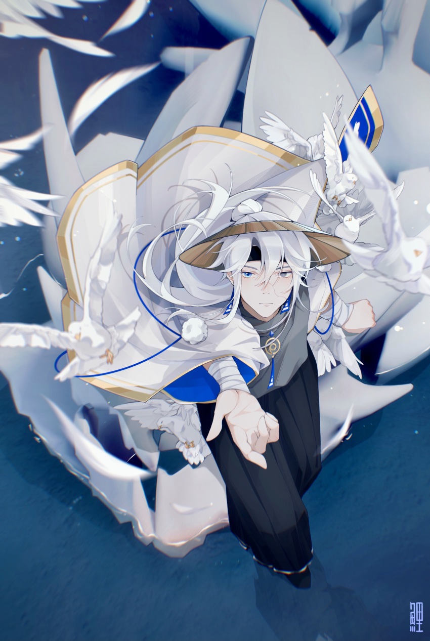1boy, absurdres, bandaged_arm, bandages, bird, bishounen, blue_eyes, blurry, depth_of_field, full_body, fur, hair_bun, half_updo, hat, highres, kujokoii, male_focus, outstretched_hand, reaching, reaching_towards_viewer, ruo_li, single_hair_bun, sky:_children_of_the_light, solo, wading, white_bird, white_hair