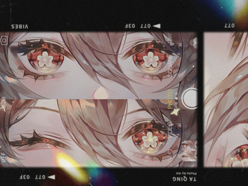 1girl, absurdres, blinking, brown_hair, camera, eye_focus, flower-shaped_pupils, genshin_impact, hair_between_eyes, highres, hu_tao_(genshin_impact), lens_flare, looking_at_viewer, fake_phone_screenshot, solo, symbol-shaped_pupils, viewfinder, zhumojian