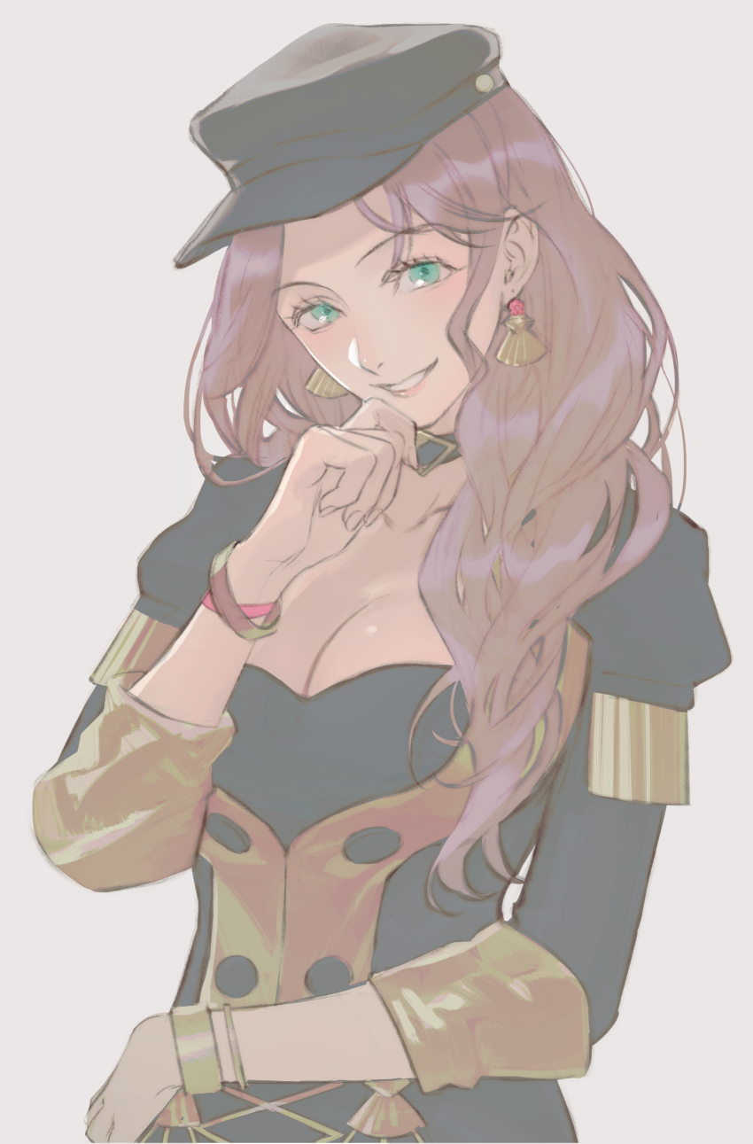 1girl, absurdres, black_choker, black_hat, black_jacket, bracelet, breasts, brown_hair