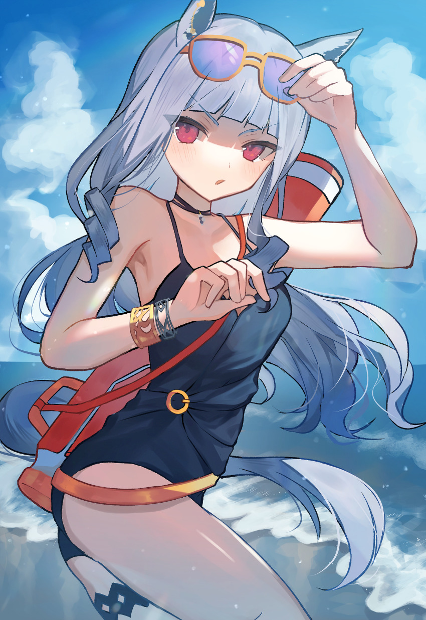 1girl, :o, absurdres, animal_ears, bad_id, bad_pixiv_id, beach, black_choker