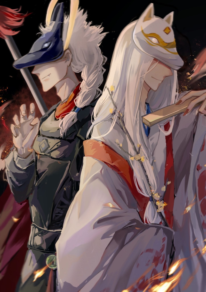 2boys, 5884202838, bishounen, braid, caleb_(sky:_children_of_the_light), fire, folding_fan, hand_fan