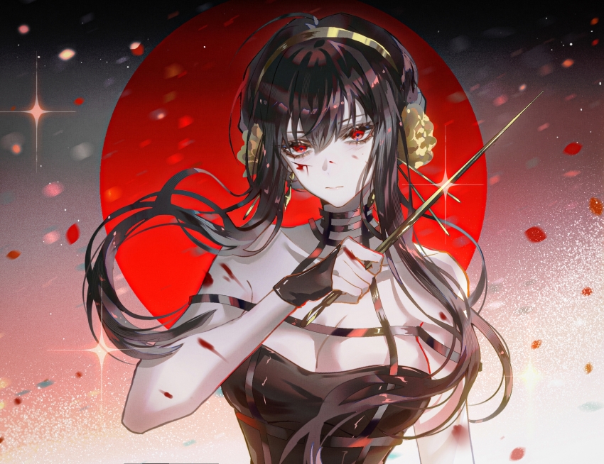 1girl, bare_shoulders, black_dress, black_hair, blood, blood_on_face, breasts, cleavage