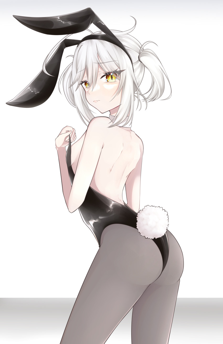 1girl, absurdres, ass, backless_leotard, bare_arms, bare_shoulders, black_leotard, breasts