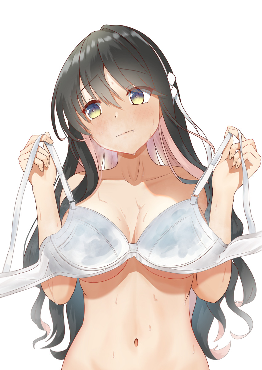 1girl, black_hair, blush, bra, breasts, cleavage, closed_mouth, collarbone