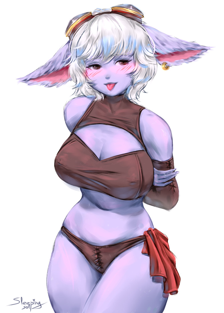 1girl, :p, alternate_breast_size_(larger), arms_behind_back, artist_name, bare_shoulders, blush, breasts, brown_panties, cleavage, cowboy_shot, earrings, goggles, goggles_on_head, jewelry, large_breasts, league_of_legends, panties, red_eyes, short_hair, skindentation, sleepingsol, smile, solo, tongue, tongue_out, tristana_(league_of_legends), underwear, white_hair, yordle