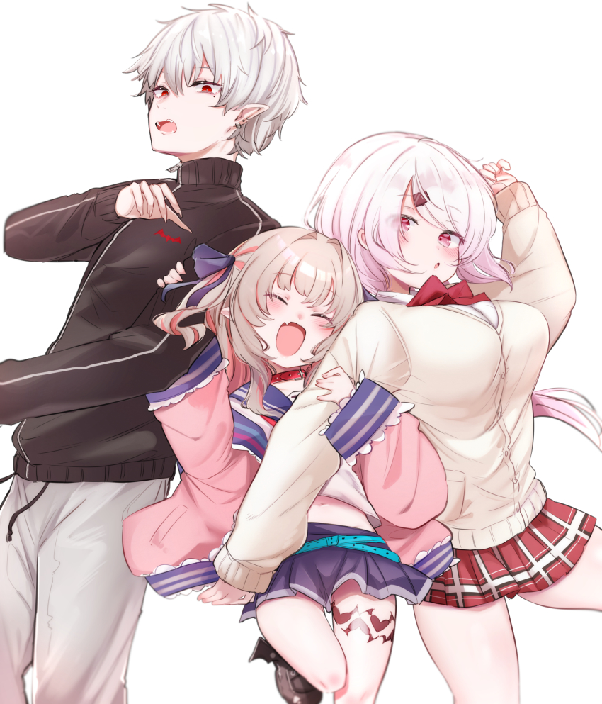 1boy, 2girls, absurdres, blush, bow, bowtie, breasts, brown_hair