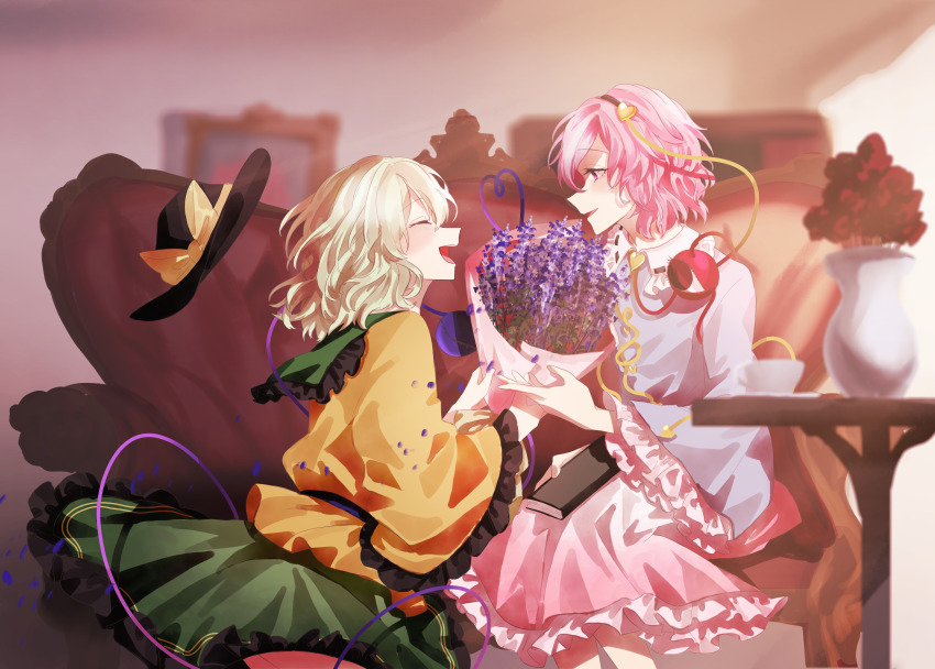 2girls, :d, absurdres, black_hairband, black_headwear, blouse, blue_shirt, blush