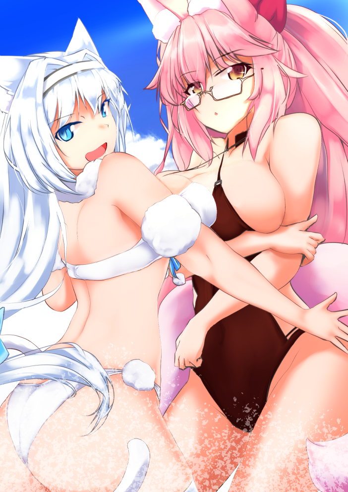 2girls, animal_ear_fluff, animal_ears, arm_strap, arm_under_breasts, ass, back, bare_shoulders, bikini, black_one-piece_swimsuit, blue_eyes, breast_press, breasts, cat_ears, cat_girl, cat_tail, cleavage, collarbone, covered_navel, dobrynya_nikitich_(fate), dobrynya_nikitich_(twin_tail)_(fate), fate/grand_order, fate_(series), fox_ears, fox_girl, glasses, groin, hairband, koyanskaya_(fate), koyanskaya_(twin_tail)_(fate), large_breasts, long_hair, looking_at_viewer, looking_back, mother_and_child, mother_and_daughter, multiple_girls, one-piece_swimsuit, parent_and_child, pink_hair, ponytail, sideboob, swimsuit, symmetrical_docking, tail, thighs, very_long_hair, water, white_bikini, white_hair, white_hairband, yellow_eyes