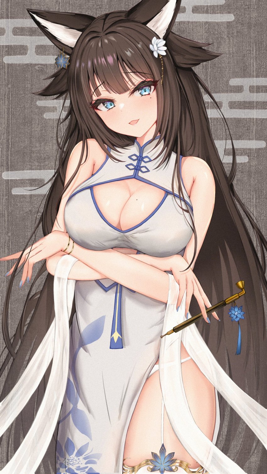 1girl, absurdres, animal_ear_fluff, animal_ears, arms_under_breasts, bare_shoulders, blue_eyes, blush, bracelet, breasts, china_dress, chinese_clothes, cleavage, cleavage_cutout, clothing_cutout, commission, dress, flower, fox_ears, fox_girl, garter_straps, hair_flower, hair_ornament, highres, holding, holding_smoking_pipe, indie_virtual_youtuber, ismiyu(vtuber), jewelry, large_breasts, long_hair, looking_at_viewer, mito_soosu, mole, mole_on_breast, mole_under_eye, nail_polish, open_mouth, pelvic_curtain, sakae_izumi, side_slit, skeb_commission, smile, smoking_pipe, solo, standing, thighhighs, thighs, very_long_hair, virtual_youtuber