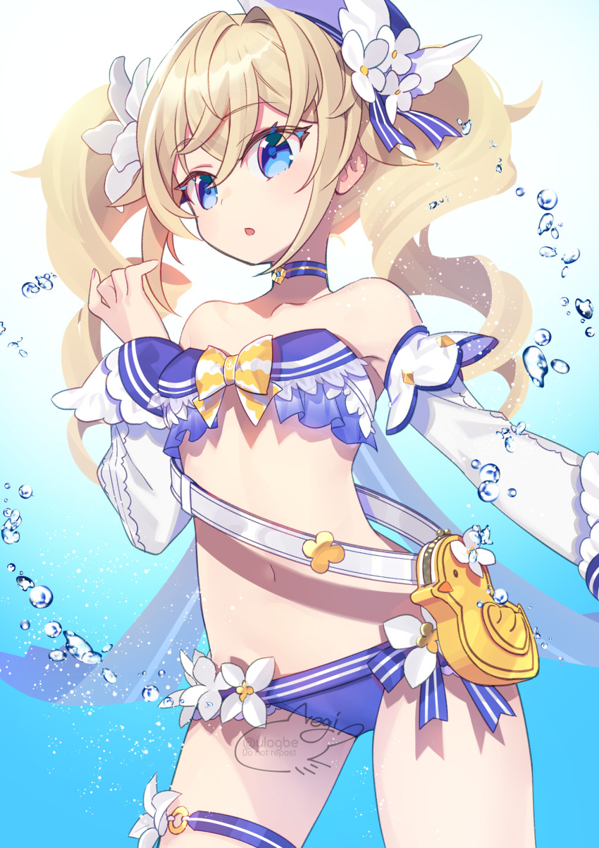 1girl, animal_bag, barbara_(genshin_impact), barbara_(summertime_sparkle)_(genshin_impact), bare_shoulders, bikini, bird, blonde_hair, blue_bikini, blue_eyes, blue_hat, blush, breasts, choker, collarbone, detached_sleeves, duck, genshin_impact, hat, highres, long_hair, looking_at_viewer, medium_breasts, navel, negi_(ulog'be), sailor_hat, solo, swimsuit, twintails, underwater
