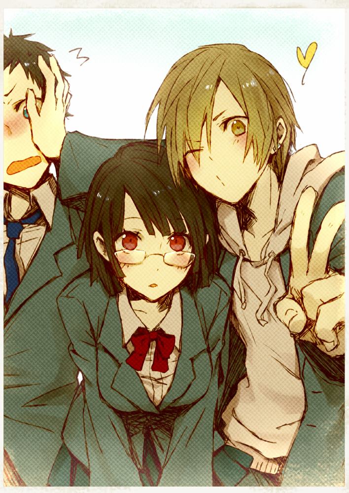1girl, 2boys, black_hair, blonde_hair, blue_eyes, durarara!!, glasses, kida_masaomi, multiple_boys, orihara_izaya, raira_academy_school_uniform, red_eyes, ria_(rilpoppo), ryuugamine_mikado, school_uniform, sonohara_anri, v, yellow_eyes