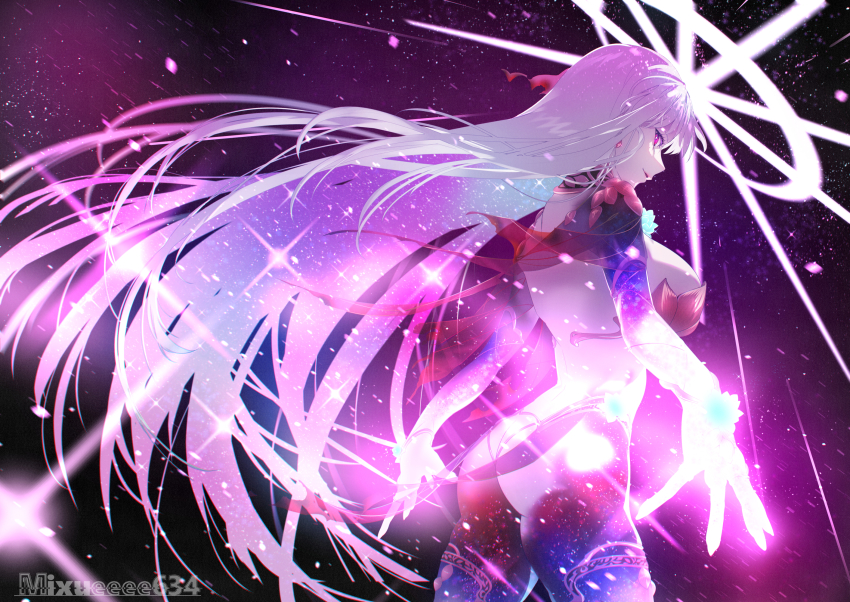 1girl, armlet, armor, ass, back, bikini_armor, blue_hair, blush, breasts, collar, earrings, fate/grand_order, fate_(series), hair_ribbon, halo, highres, jewelry, kama_(adult)_(fate), kama_(beast_iii/l)_(fate), kama_(fate), large_breasts, long_hair, looking_at_viewer, looking_back, md5_mismatch, metal_collar, multicolored_hair, navel, red_eyes, resolution_mismatch, ribbon, sky, soi_soi_(mixueeee634), solo, source_smaller, star_(sky), starry_sky, thighlet, thighs, two-tone_hair, white_hair