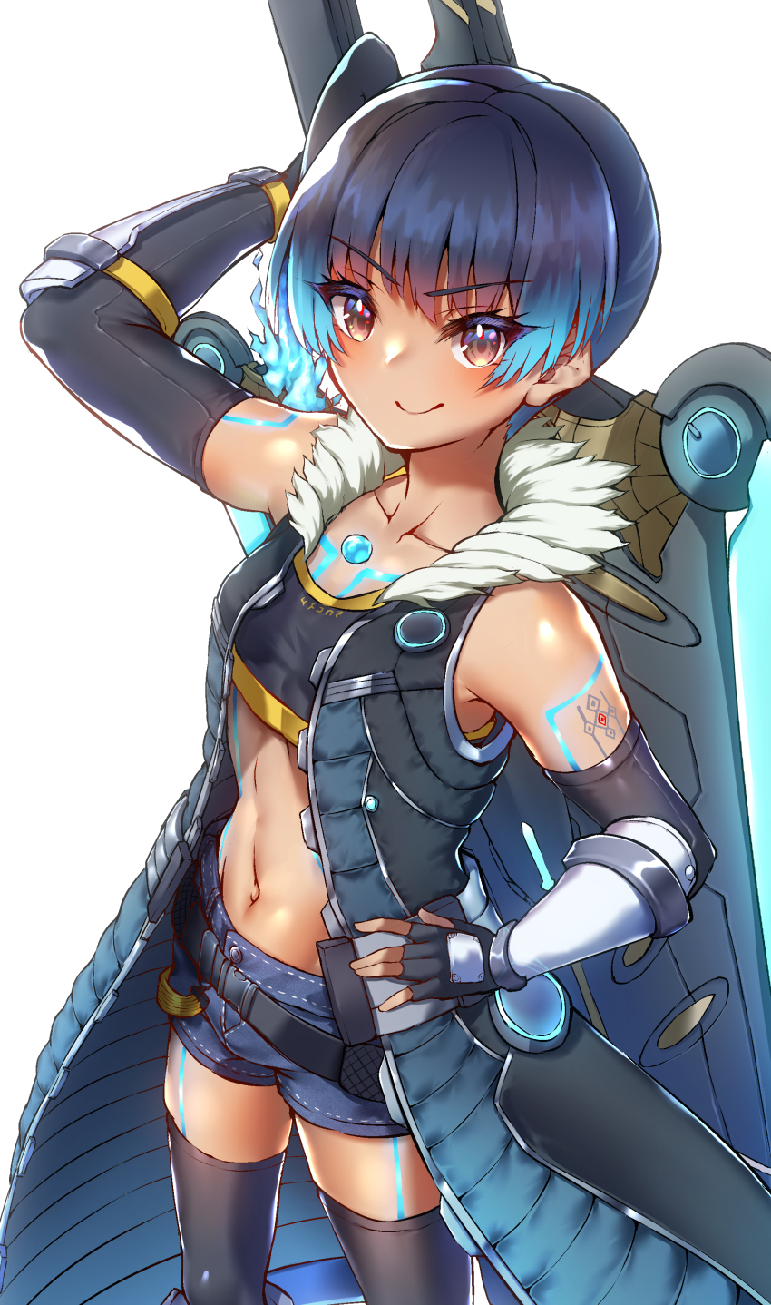 absurdres, blue_hair, brown_hair, chest_jewel, cosplay, fiery_hair, glowing_lines, highres, holding_behind_back, holding_weapon_behind_back, lanz_(xenoblade), lanz_(xenoblade)_(cosplay), leggings, navel, sena_(xenoblade), short_shorts, shorts, shoulder_strap, siebolds_demon, simple_background, solo, sports_bra, sword, sword_on_back, weapon, weapon_on_back, white_background, xenoblade_chronicles_(series), xenoblade_chronicles_3