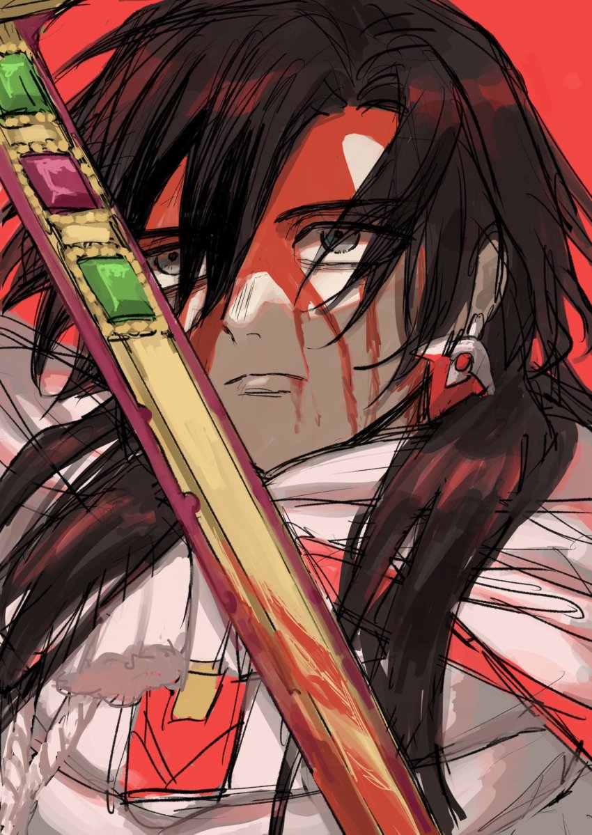 1boy, armor, black_hair, blood, blood_from_mouth, blood_on_face, bloody_weapon, cheeeeese0619