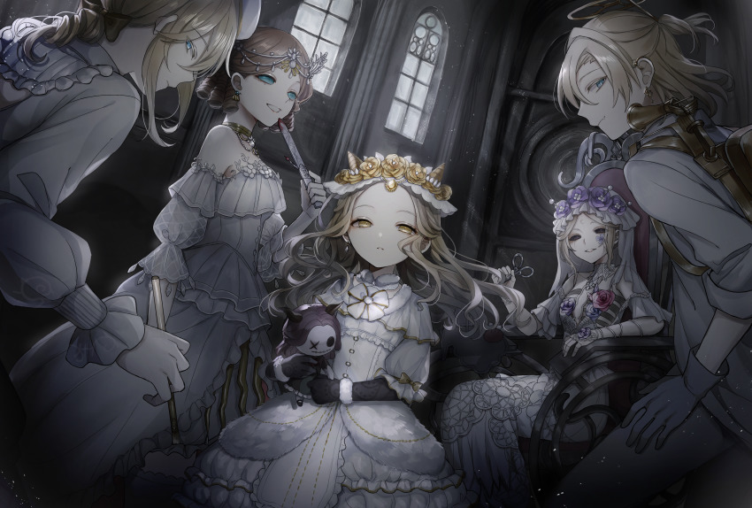 !_(rsa_yuhr), 2boys, 3girls, absurdres, bare_shoulders, black_gloves, black_sclera, blonde_hair, blood, bloody_knife, blue_eyes, bow, bracelet, brown_hair, colored_eyelashes, colored_sclera, corset, doll_joints, dress, ear_piercing, earrings, edgar_valden, edgar_valden_(golden_ratio), expressionless, facial_mark, fake_horns, flower, fur_trim, galatea_claude_(succubus), galatea_claude, gloves, gold_trim, hair_bow, half_updo, hand_on_own_thigh, headdress, highres, holding, holding_knife, holding_scissors, horns, identity_v, jewelry, joints, knife, lace, lace_gloves, light_particles, long_hair, long_sleeves, looking_at_viewer, low_ponytail, luca_balsa, luca_balsa_(paranormal_detective), makeup, mary_(bloodbath)_(identity_v), mary_(identity_v), mary_(lady_bella)_(identity_v), medium_hair, memory_(identity_v), memory_(source_of_evil)_(identity_v), multiple_boys, multiple_girls, necklace, needle, off-shoulder_dress, off_shoulder, paintbrush, parted_lips, piercing, pincushion, pink_flower, ponytail, puffy_short_sleeves, puffy_sleeves, purple_eyes, purple_flower, ribs, ringlets, runny_makeup, scissors, see-through_clothes, see-through_sleeves, sewing_needle, short_sleeves, sitting, smile, stuffed_toy, wheelchair, white_dress, white_gloves, window, yellow_eyes
