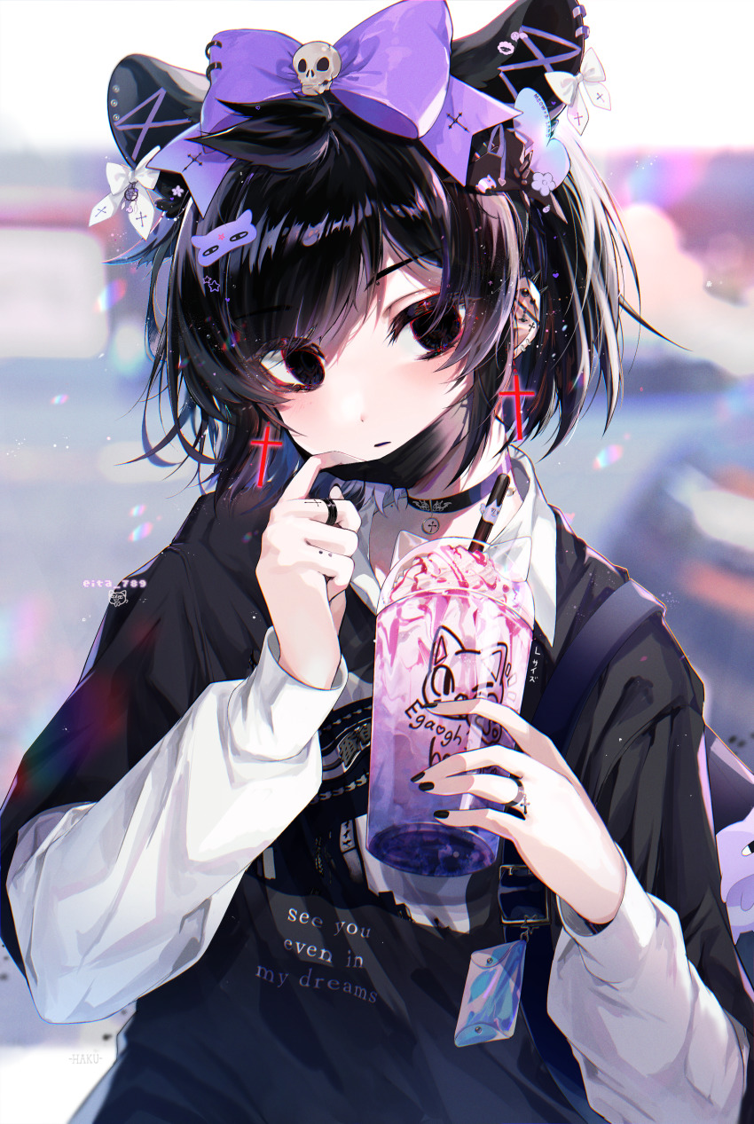 1boy, absurdres, aegyo_sal, androgynous, animal_ears, black_eyes, black_hair, cat_ears, colored_tips, demon_boy, ear_piercing, eita_789, fashion, goth_fashion, haku_(eita_789), harajuku_fashion, highres, long_sleeves, male_focus, mask, mouth_mask, multicolored_hair, original, pastel_colors, piercing, purple_lips, short_hair, solo, trap