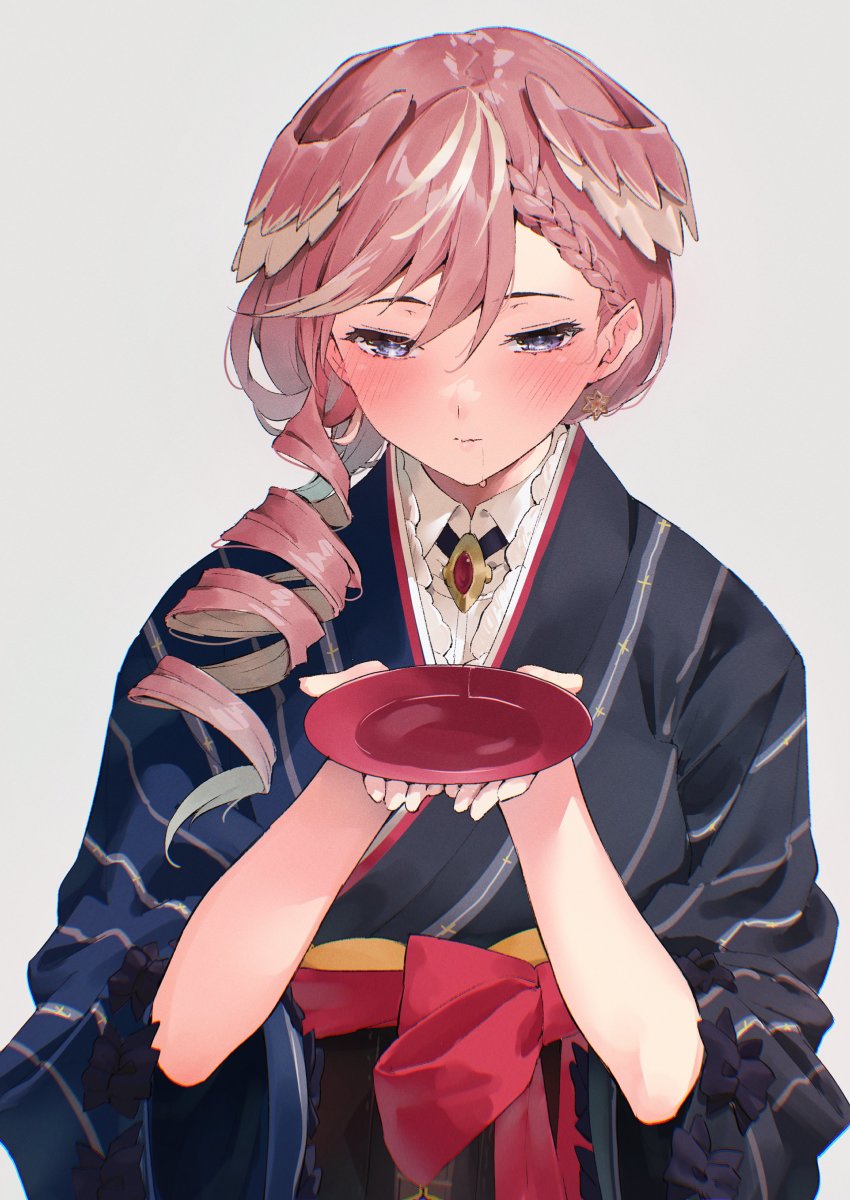 1girl, absurdres, black_kimono, blue_kimono, blush, braid, closed_mouth, cup