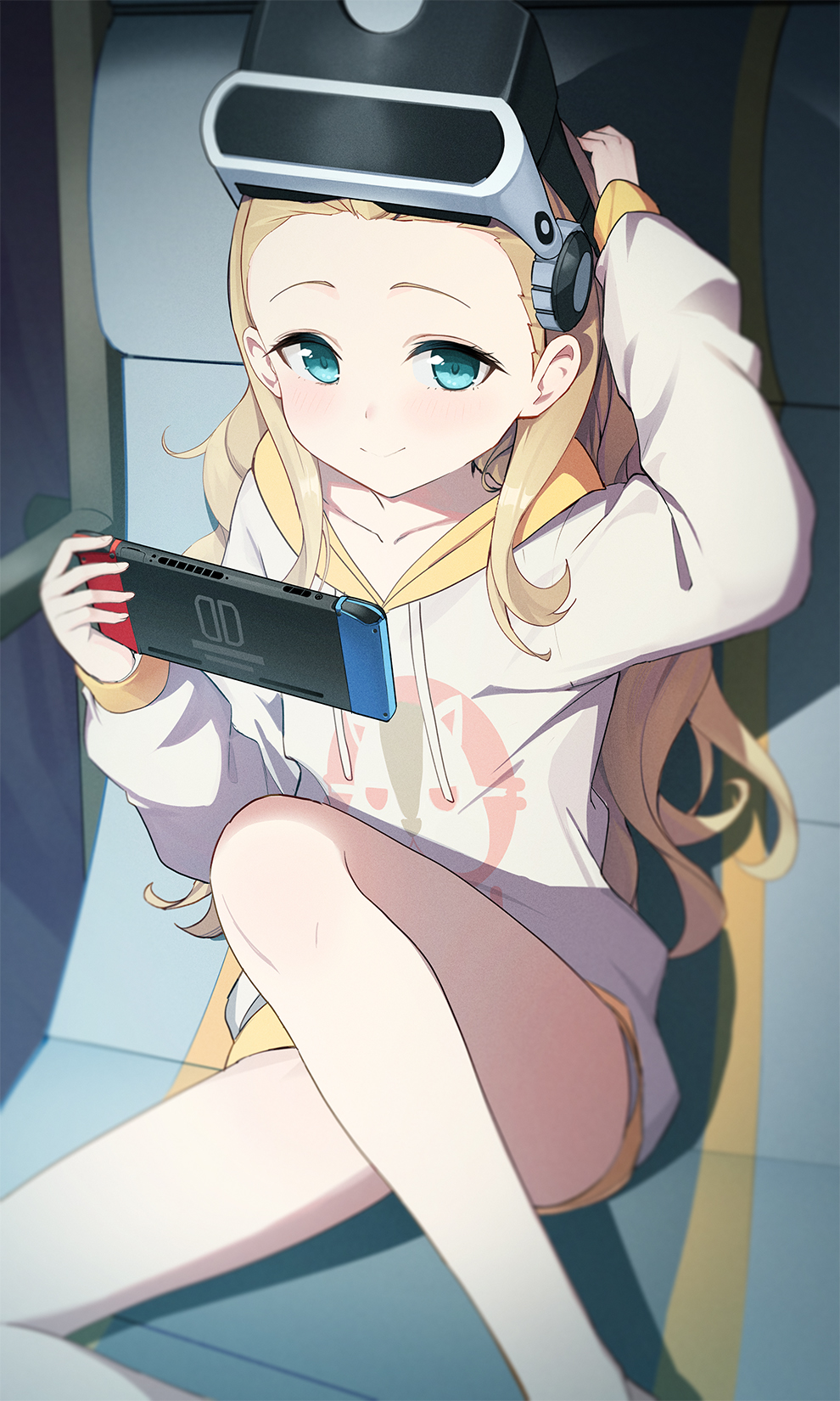1girl, arm_up, blonde_hair, blue_eyes, chair, closed_mouth, collarbone, commentary_request