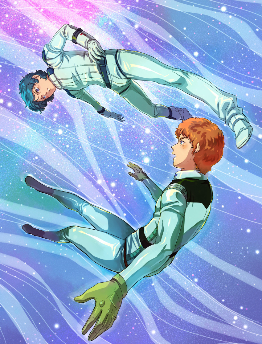 2boys, absurdres, amuro_ray, blue_eyes, blue_hair, brown_hair, gundam, highres