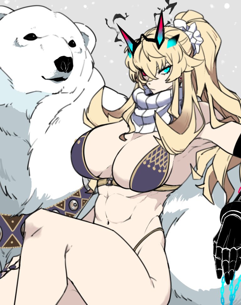 1girl, abs, barghest_(fate), barghest_(ice_warrior)_(fate), bear, bikini, black_nails, blonde_hair, breasts, fate/grand_order, fate_(series), gauntlets, green_eyes, heterochromia, large_breasts, long_hair, nail_polish, polar_bear, ramune_gohan, red_eyes, scarf, single_gauntlet, sitting, swimsuit