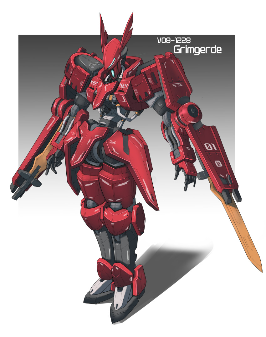 absurdres, arm_blade, character_name, gradient_background, grimgerde_(gundam_tekketsu_no_orphans), gundam, gundam_tekketsu_no_orphans, highres