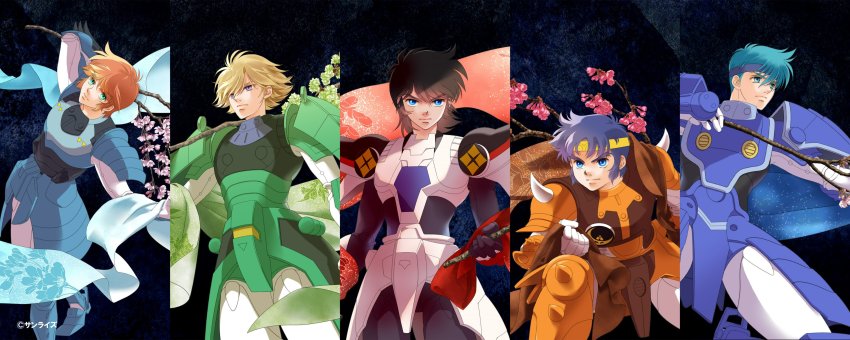 5boys, absurdres, aqua_eyes, armor, black_hair, blonde_hair, blue_eyes, blue_hair