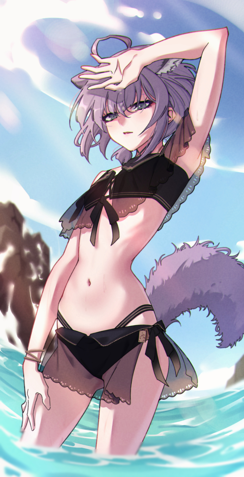 1girl, ahoge, animal_ear_fluff, animal_ears, arknights, arm_up, armpits, bikini