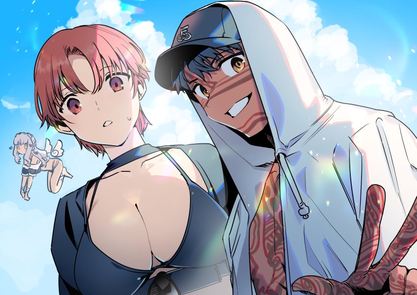 1boy, 2girls, absurdres, angra_mainyu_(fate), baseball_cap, bazett_fraga_mcremitz, bazett_fraga_mcremitz_(fist_of_hail), bikini, black_bikini, black_hair, breasts, caren_hortensia, caren_hortensia_(angel_heart), commentary_request, dark-skinned_male, dark_skin, fate/grand_order, fate_(series), full-body_tattoo, grin, hat, highres, hood, hoodie, large_breasts, looking_at_viewer, multiple_girls, noko_morokoshi, open_clothes, open_hoodie, red_eyes, red_hair, short_hair, smile, swimsuit, tattoo, w, white_hoodie, wings, yellow_eyes