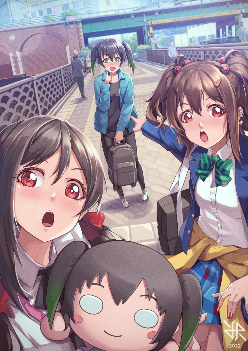 3girls, black_hair, black_pants, black_shirt, blazer, blue_jacket, bow, bowtie, brown_hair, character_doll, cityscape, collared_shirt, doll, earrings, gradient_hair, green_bow, green_bowtie, green_eyes, green_hair, hair_between_eyes, hair_ornament, hairclip, highres, hiroki_ree, holding, holding_doll, in-franchise_crossover, jacket, jewelry, long_sleeves, love_live!, love_live!_nijigasaki_high_school_idol_club, love_live!_school_idol_project, medium_hair, meme, multicolored_hair, multiple_girls, nesoberi, open_clothes, open_jacket, open_mouth, otonokizaka_school_uniform, outdoors, pants, pointing, pointing_backward, red_eyes, school_uniform, shirt, takasaki_yu, twintails, two-tone_hair, two_soyjaks_pointing_(meme), white_shirt, yazawa_cocoa, yazawa_cocoro
