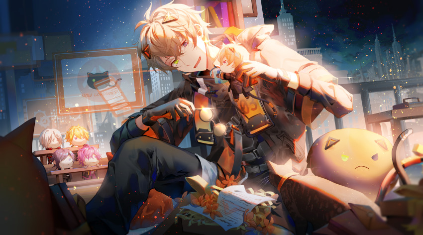 1boy, alban_knox, alban_knox_(1st_costume), bishounen, black_coat, black_footwear, black_gloves, black_hoodie