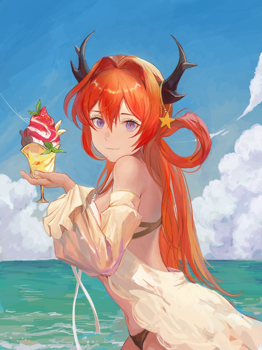 1girl, arknights, bare_shoulders, bikini, blue_sky, cloud, day, detached_sleeves, food, hair_between_eyes, hair_intakes, hair_rings, highres, holding, holding_food, horns, ice_cream, long_hair, looking_at_viewer, ocean, purple_eyes, red_hair, shiiirooo, sky, smile, solo, surtr_(arknights), surtr_(colorful_wonderland)_(arknights), swimsuit, upper_body, very_long_hair, water