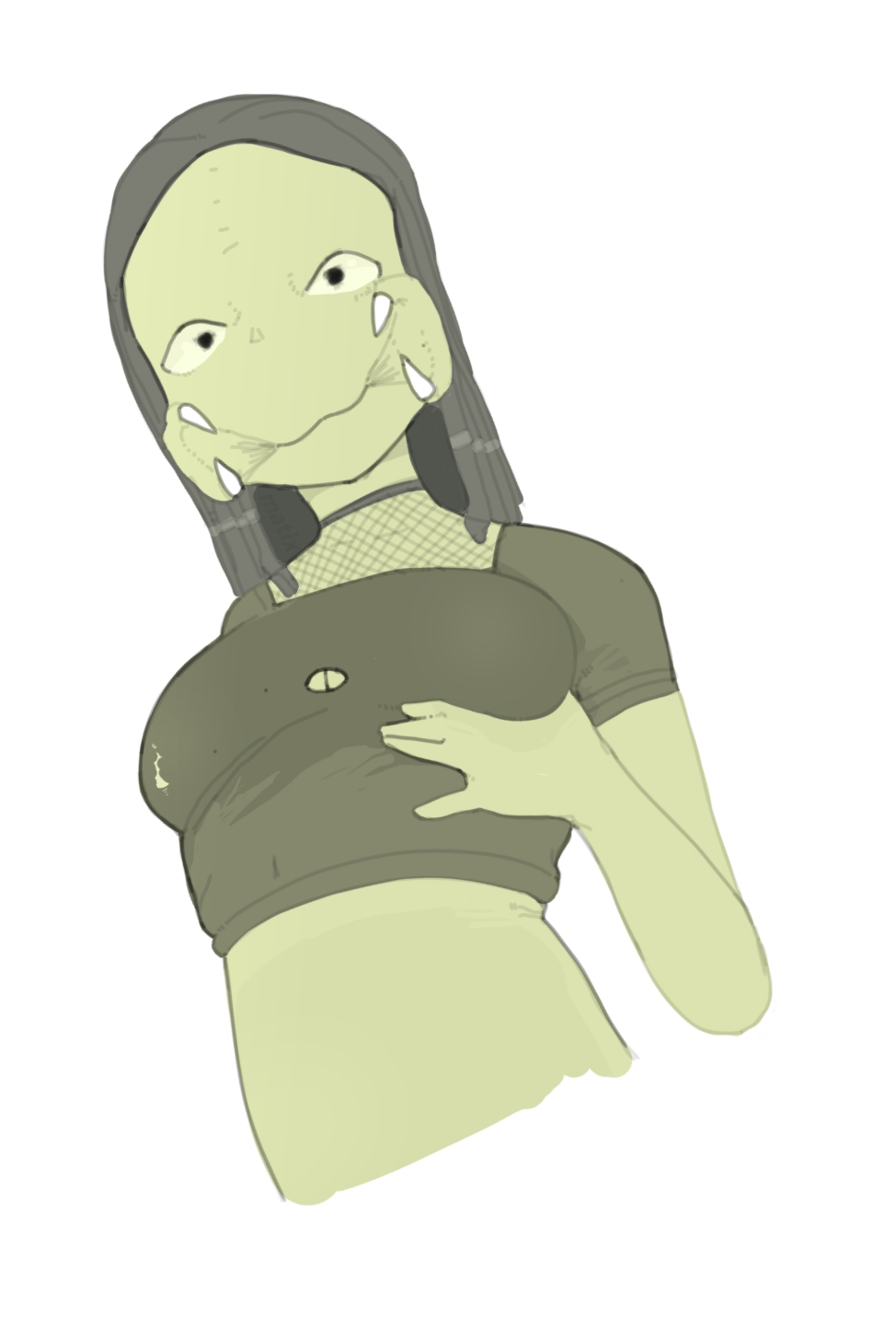 1girl, alien, breasts, colored_skin, grabbing_own_breast, grapeforwine, green_skin, highres